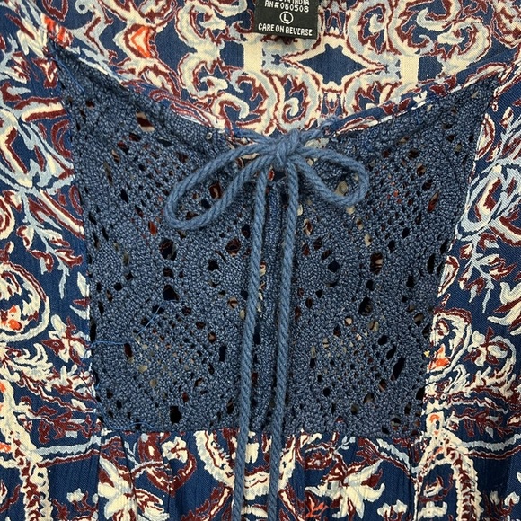 Angie Womens Top L Navy Wine Red Stretch Neckline Lace Front Ties/Tassels Loose - Picture 4 of 12